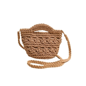 Handmade crochet crossbody bag with hollow weave pattern and top handles in khaki