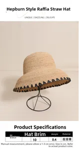 Size chart for Hepburn style raffia hat with black trim showing head circumference and brim width