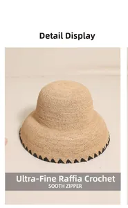 Close-up of fine raffia crochet weave and black embroidered edge on a sun hat