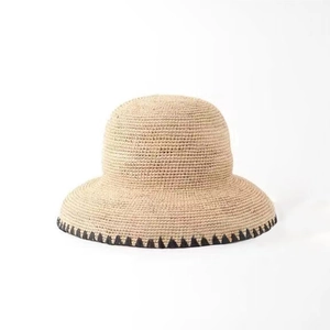 Raffia Sun Hat Hand-woven Wide Brim Straw Bucket Hat Black Wavy Trim Hepburn Style Beach Vacation For Women