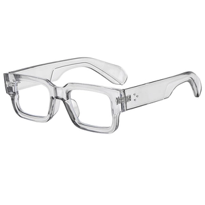 Modern thick rectangular clear frame sunglasses with metal rivet details and UV protection