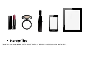 Storage tips showing capacity for 9.7-inch iPad, umbrella and daily essentials in the bag