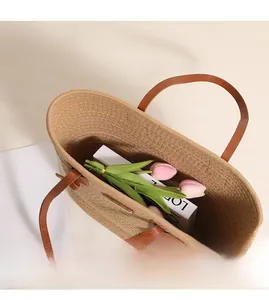 Interior view showing the large capacity of the cotton woven tote with PU leather handles