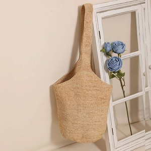 Raffia Straw Woven Bucket Bag Large Capacity Handmade Shoulder Bag Summer Beach Vacation Style Casual For Women