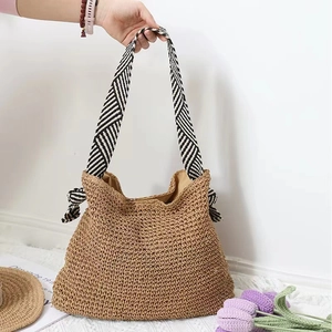 Women Straw Woven Shoulder Bag Summer Beach Tote With Striped Wide Webbing Strap Magnetic Buckle Korean Minimalist Style