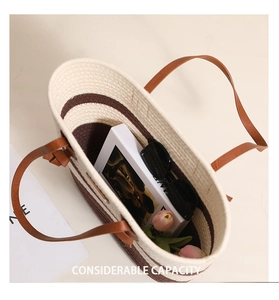 Top view of large capacity cotton weave tote bag with striped pattern and leather handles