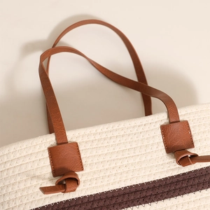 Large striped cotton woven tote bag with brown leather handles for beach vacation