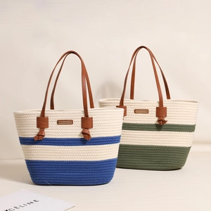 Large cotton woven tote bags with blue and green stripes and brown leather handles