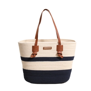 Large striped cotton woven tote bag with brown leather handles and nautical design
