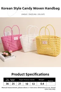 Size chart showing woven plastic beach tote dimensions for the hollow top-handle handbag