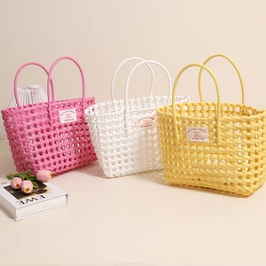 Women Woven Handbag PVC Plastic Hollow Out Summer Beach Vacation Basket Bag With Handles Simple Fashion Tote