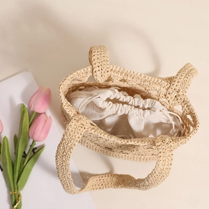 Sac fourre-tout en raphia beige au tissage ajouré avec pochette intérieure à cordon
