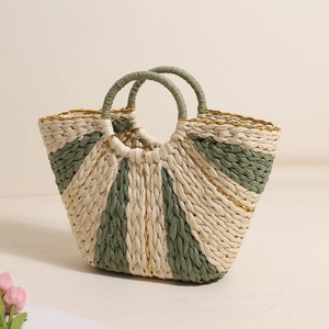 Pastoral straw tote bag with cream and sage green contrast weaving and gold accents