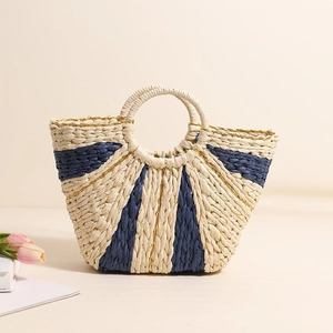 Contrast stripe woven straw handbag with circular handles for summer beach vacation