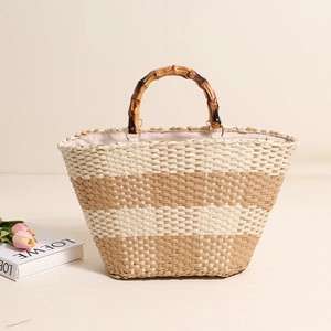 Woven Paper Straw Handbag With Bamboo Handle Retro Striped Large Tote Beach Bag For Summer Vacation Minimalist Women