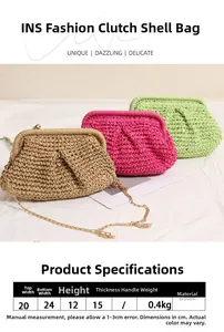 Detail of shell-shaped woven crossbody bags in khaki, rose and green with metal chain