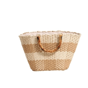 Striped straw tote beach bag with natural bamboo handles and textured weave design