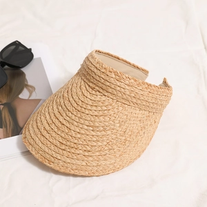 Women Raffia Straw Visor Hat Hand Woven Open Top Wide Brim Beach Holiday Sun Protection Fashionable Summer Accessory