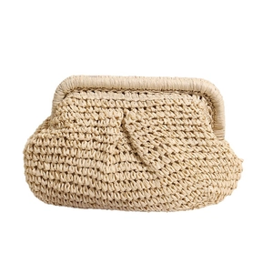 Elegant beige straw clutch bag with ruched design for summer beach vacations