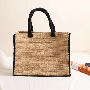 Large Capacity Raffia Straw Woven Tote Bag French Style Beach Vacation Handbag With Black Trim For Women Casual Travel