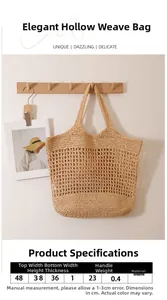 Detailed view of hollow straw tote bag with dimensions 48x36cm and 23cm drop handle