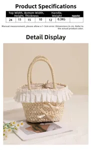 Detailed size parameters and dimensions of the lace straw handbag with bow accents