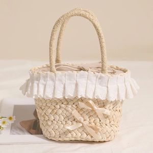 Women Straw Handbag Corn Husk Woven Basket Bag With Lace Trim Satin Bows Sweet Pastoral Vacation Beach Handheld Purse