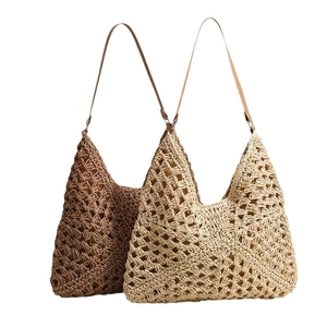 Handmade hollow crochet straw tote bags in beige and coffee with slim leather straps
