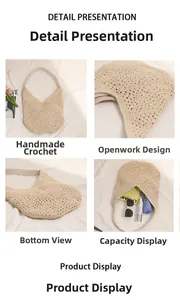 Détails du sac hobo en crochet beige avec motifs floraux et intérieur spacieux