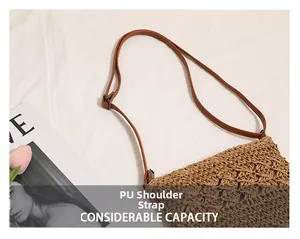 Detail of premium straw crossbody bag with adjustable brown PU shoulder strap