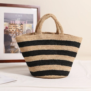 Striped Woven Straw Tote Bag Large Capacity Raffia Handbag For Summer Beach Vacation Casual Style Women