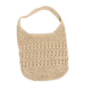 Hollow out beige straw tote bag with wide shoulder strap for summer beach vacations
