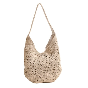Grand sac bandoulière en coton tissé main beige avec motif floral ajouré style cabas