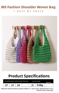 Detailed view of woven cotton tote bags in five colors with specific size dimensions