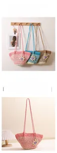 Detailed size specifications for gradient straw tote bag with floral charm decoration
