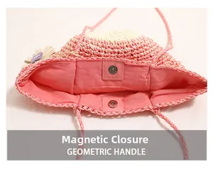 Detail of straw bag interior featuring a magnetic closure and pink fabric lining