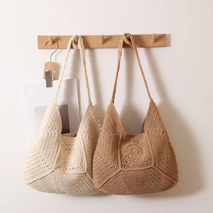 Women Crochet Cotton Woven Shoulder Bag Hollow Out Flower Large Capacity Beach Vacation Bohemian Style Handbag