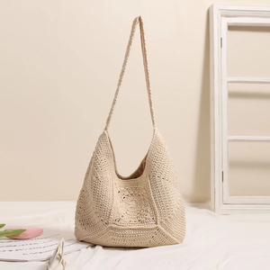 Beige hollow flower crochet shoulder bag with large capacity for beach vacation style