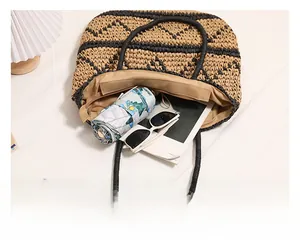 Top view of woven straw tote bag interior showing large capacity for summer essentials