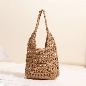 Large cotton woven shoulder bag with hollow mesh design for beach vacation and casual style