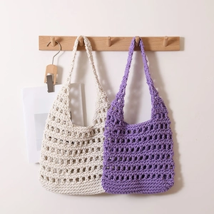 Casual large capacity hollow knit beach bags in cream and purple colors