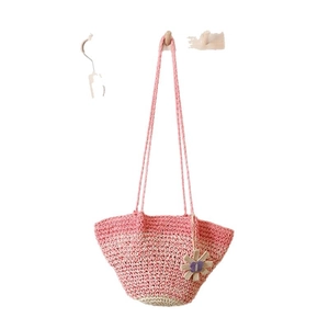 Handmade gradient pink straw bag with woven flower charm for beach vacation style