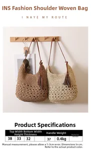 Detailed size specifications for handmade woven straw shoulder bags with tassels