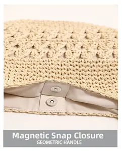 Close-up of magnetic snap closure and fabric lining on hollow straw woven beach bag
