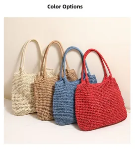 Color display of large capacity woven tote bags in beige, brown, blue and red colors