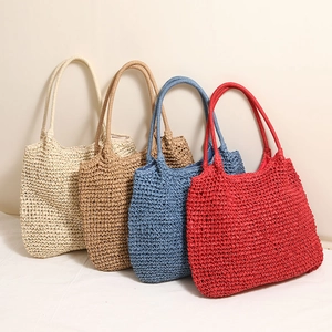 Handwoven straw tote bags set in white, khaki, blue, and red for summer beach holidays