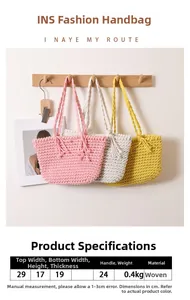 Detailed view of woven cotton shoulder bags in pink, white, and yellow textured knit
