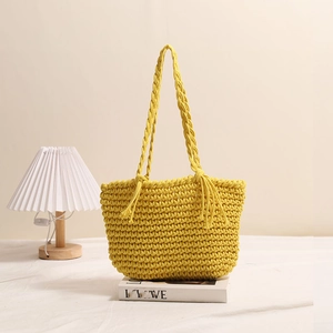 Handmade ginger yellow cotton woven tote bag with fringe tassels and shoulder strap