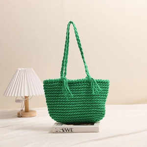 Handmade lime green woven cotton tote bag with stylish long tassels for summer beach vacation