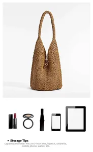 Detail showing the inner capacity of this hollow woven straw tote bag with daily items
